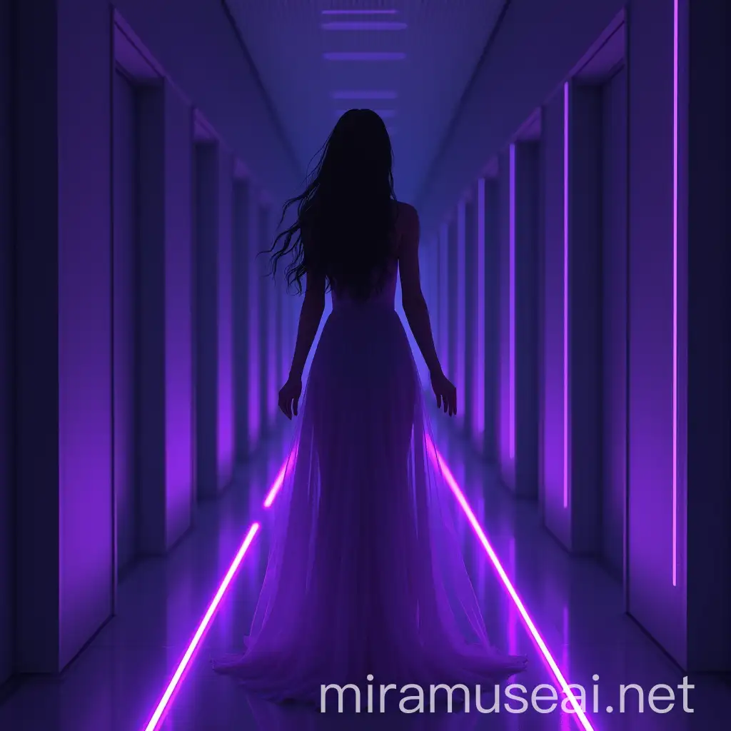 Elegant Woman in Purple Digital Light Tunnel