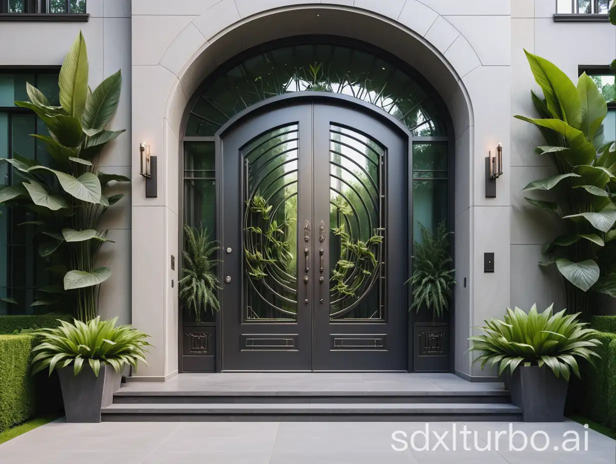 An upscale mansion's entrance door, natural plants, a large metal door, modern style