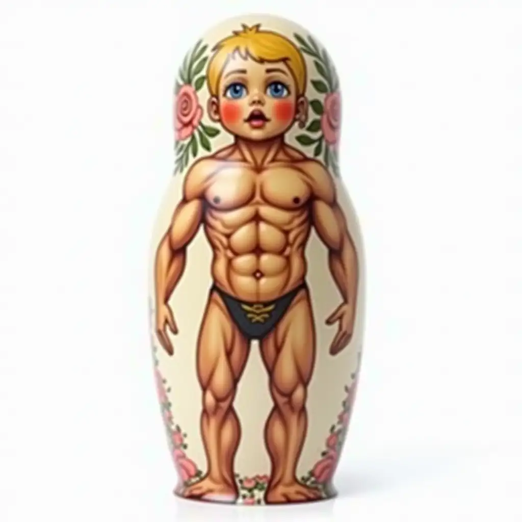 A hyper-realistic image of a Russian Matryoshka doll with a surreal and humorous twist—while the top half remains a traditional Matryoshka with its classic hand-painted floral patterns, delicate facial features, and wooden texture, the lower half is transformed into a highly detailed, muscular human torso. The muscular physique features well-defined abs, strong legs, and a powerful stance, creating a striking contrast between the delicate, cultural artistry of the doll and the hyper-realistic anatomy of a bodybuilder. The fusion of tradition and humor is highlighted against a pure white background, making the transformation even more eye-catching and amusing.