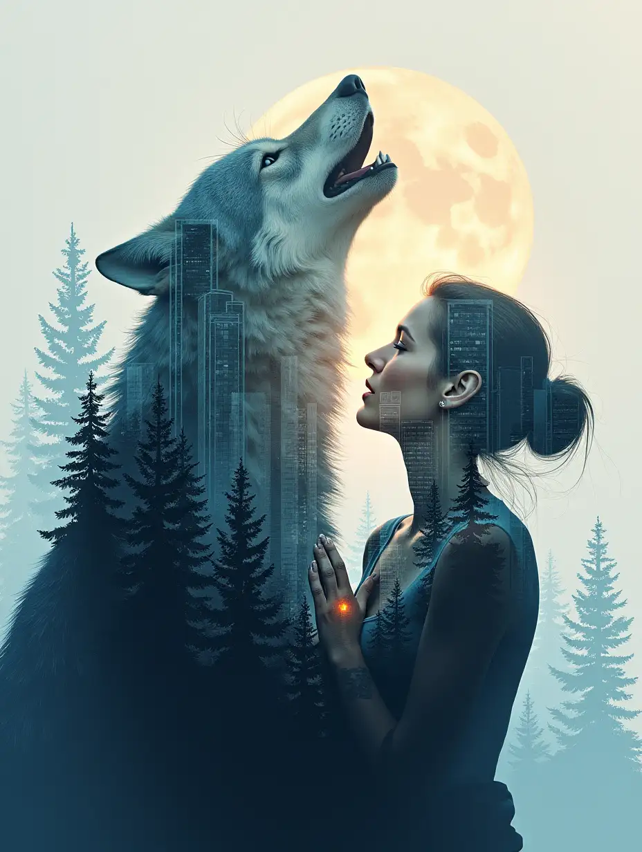 Acrylic, digital painting. Double exposure - a wolf howling at the moon and a couple in love embracing - a man and a woman, double exposure - a modern city with skyscrapers and a forest