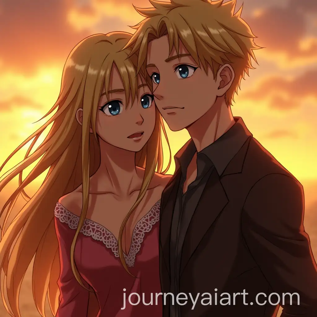 Levi-Ackerman-and-a-Beautiful-Young-Woman-in-Action-Against-a-Sunset-Background