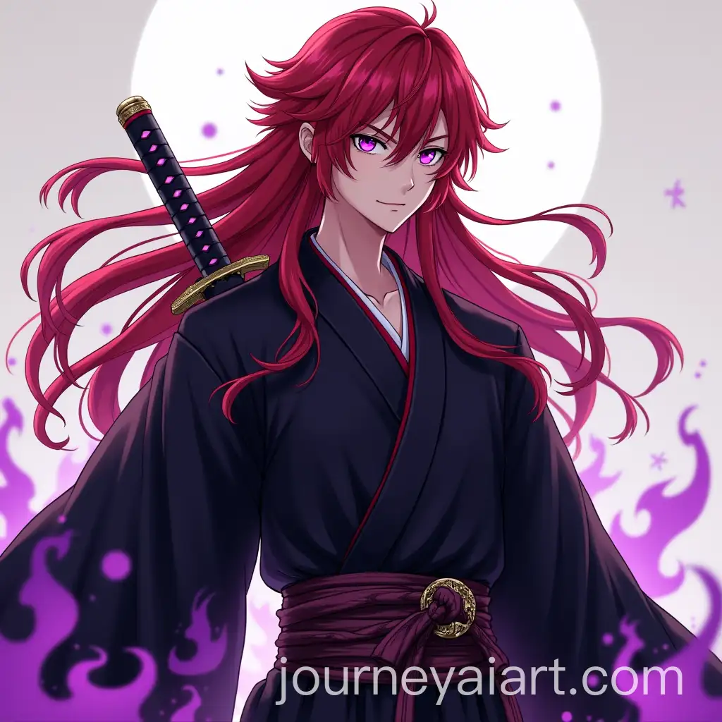 Luka-LongHaired-Boy-with-Red-Hair-and-Purple-Eyes-in-a-Black-Haori-with-Purple-Flames-and-Katana