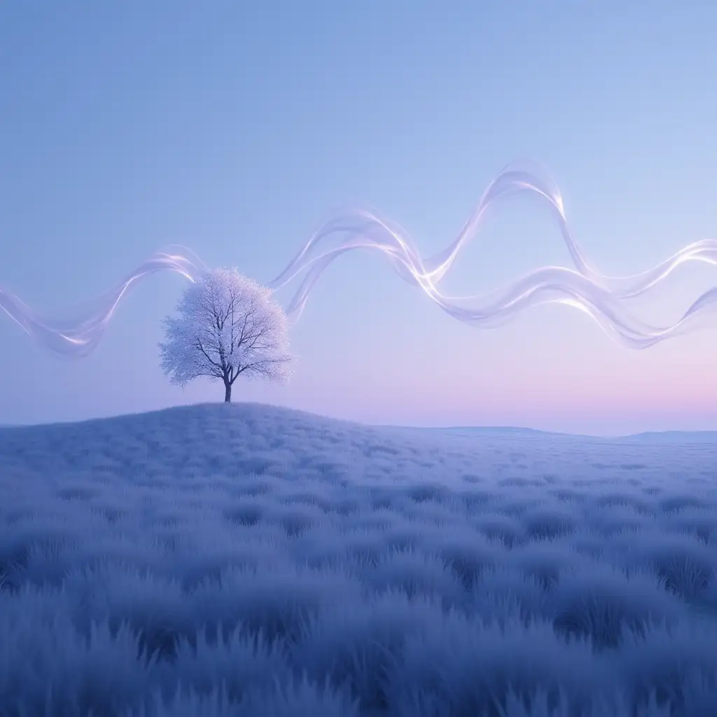 A serene, dreamlike landscape at twilight — a vast, open field of silver-blue grass swaying gently under a lavender sky. A single tree with glowing white leaves stands atop a small hill, its branches softly lit by the fading light. Floating above the field, translucent waves of energy drift like ribbons in the wind, embodying the haunting but beautiful resonance of a distant female voice. The atmosphere is still, introspective, and touched by a sense of gentle longing — as if time has paused for a quiet moment of reflection.