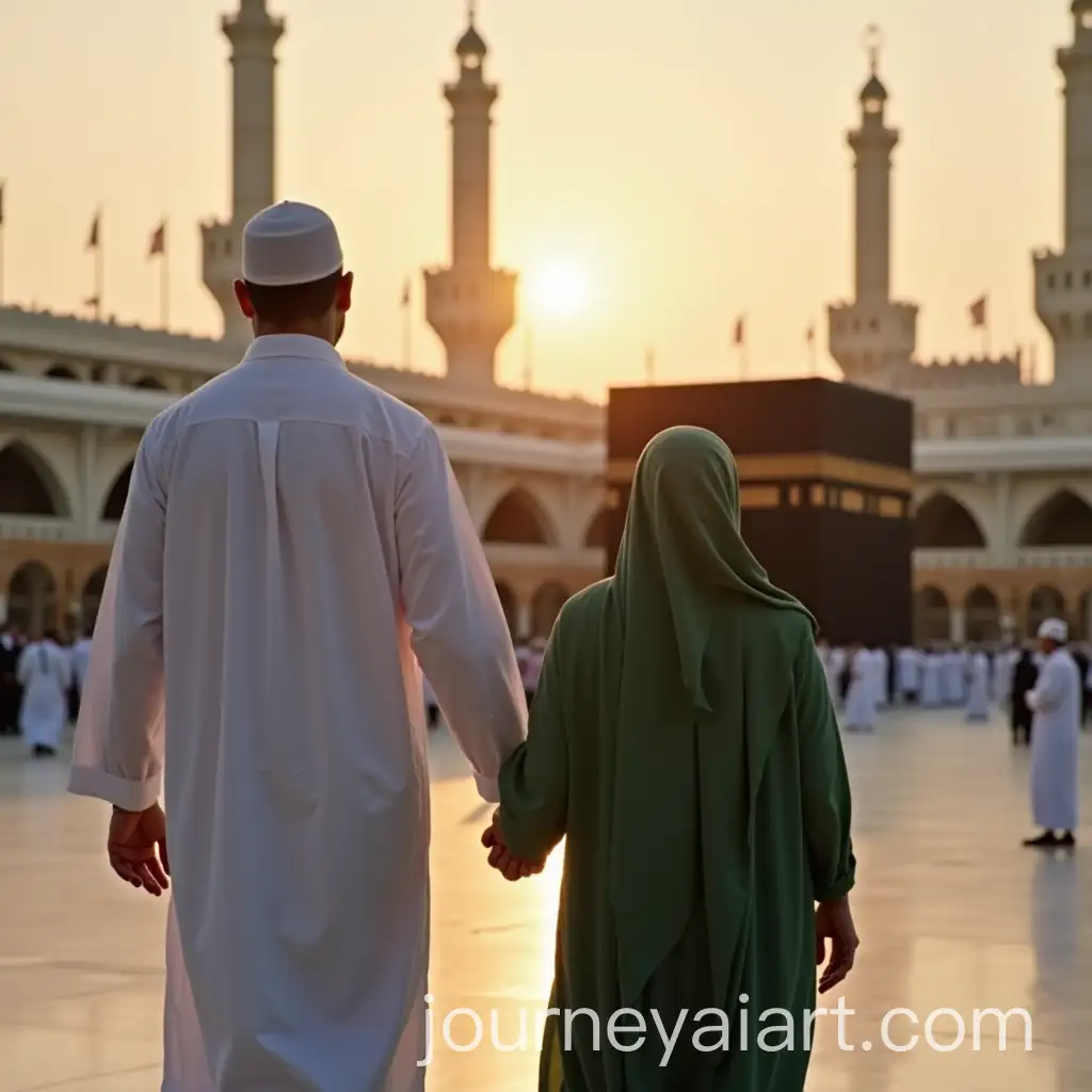 Son-and-Elderly-Mother-Walking-Towards-Kaaba-During-Umrah-at-Sunrise-or-Sunset