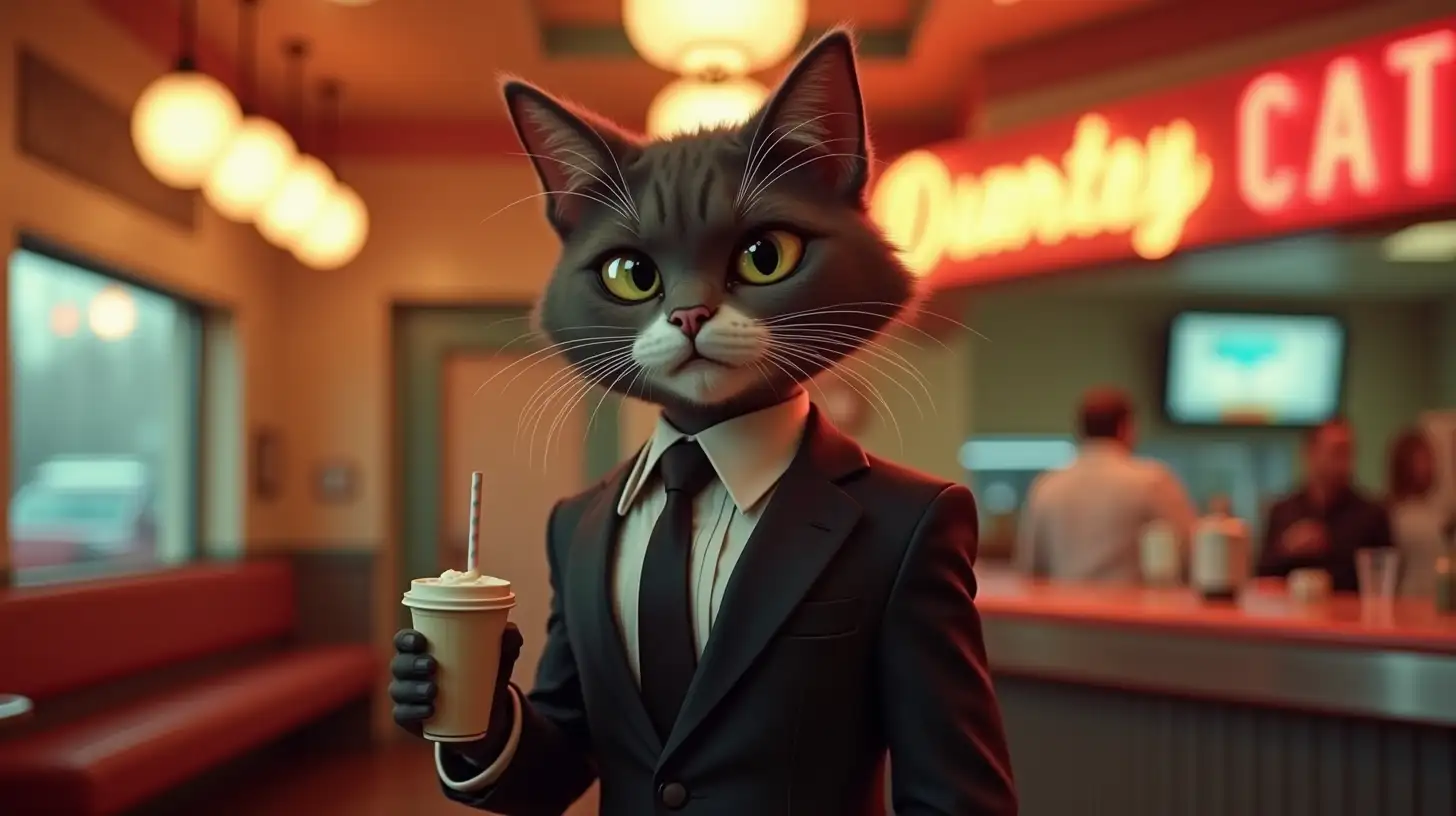 Anthropomorphic Cat in Retro Diner with Milkshake