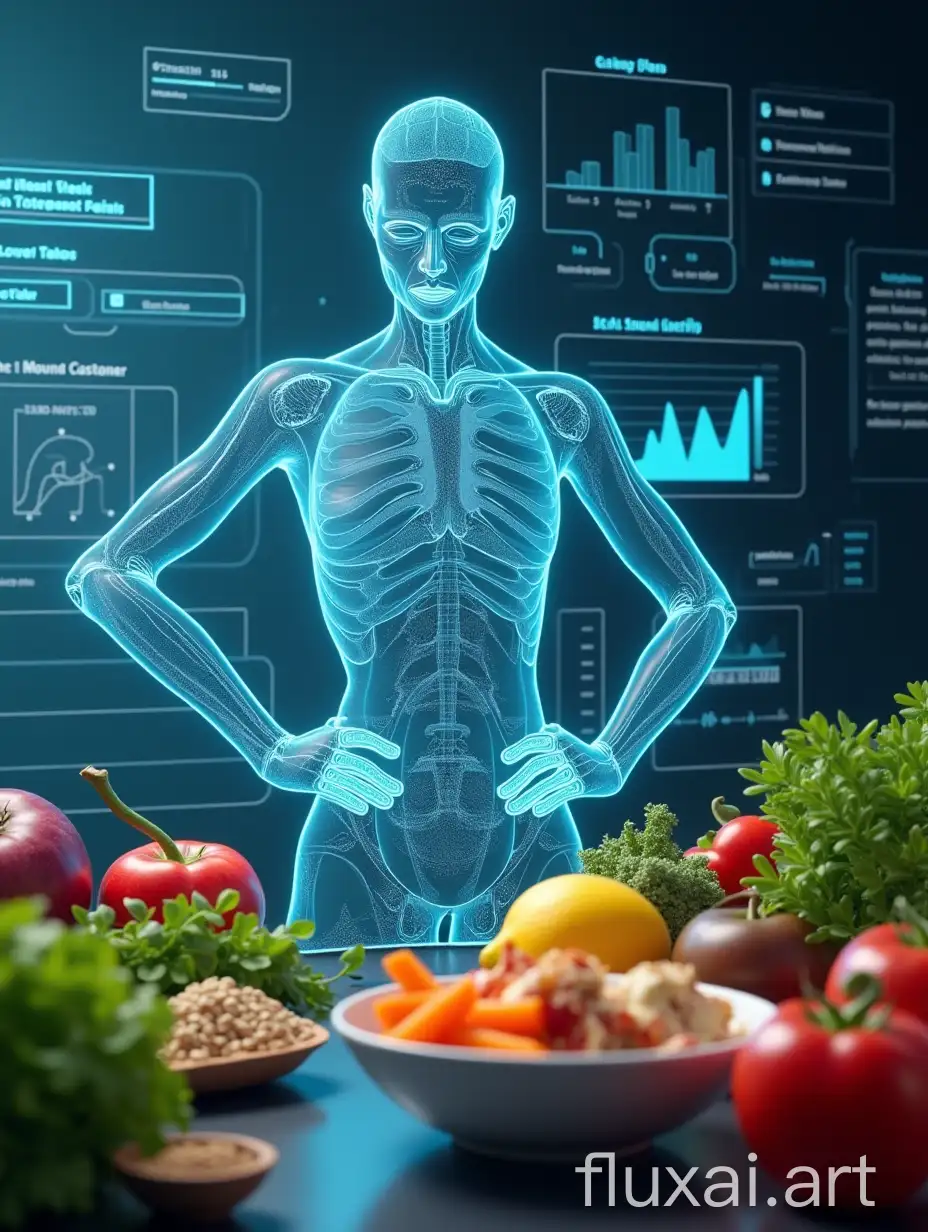 Create an image depicting an advanced AI system designed to build personalized nutrition plans. The AI, represented by a futuristic, sleek ChatGPT interface, is analyzing data inputs such as user health metrics, dietary preferences, and fitness goals. The background showcases a holographic screen filled with graphs, nutritional data, and meal plans. The scene includes healthy food items like vegetables, fruits, and grains being dynamically arranged into balanced meals by the AI, with a bright and vibrant color scheme symbolizing health and vitality. The overall atmosphere should convey cutting-edge technology seamlessly blending with the science of nutrition to create optimized, tailored plans.