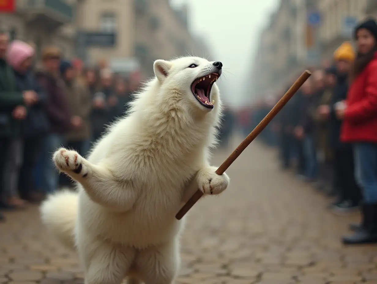 A plump happy white polar fox is swatting a crowd of people with a stick.