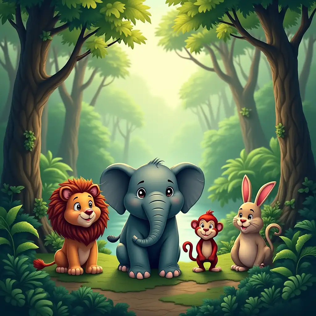 A lush jungle with tall trees, a winding river, and vibrant greenery. The five animals — a lion, elephant, monkey, parrot, and rabbit — standing together at the jungle’s edge, ready for an