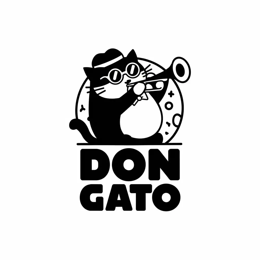 LOGO Design for Don Gato Fat Cat with Glasses Hat and Bow Tie Playing Trumpet on the Moon Theme