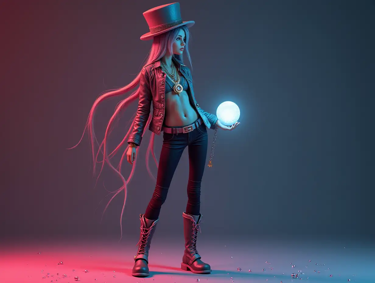 a very long 3-D female figure with very thin legs and very long thin arms with top hat and boots and wearing jewelry.and has a glowing ball in the hand 4K resolution Colorful