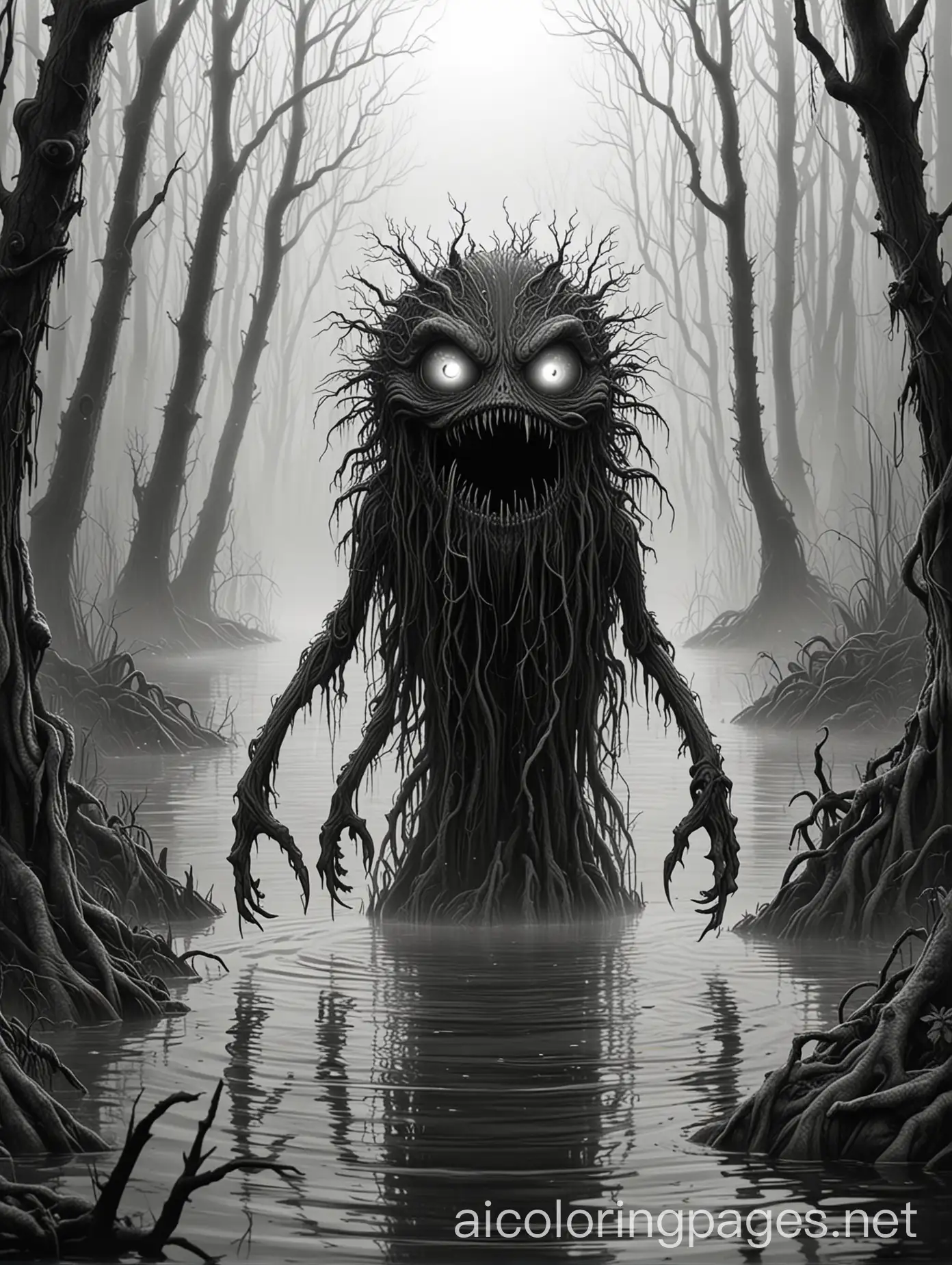 Mysterious-Swamp-Creature-with-Glowing-Eyes-in-a-Dark-Marsh