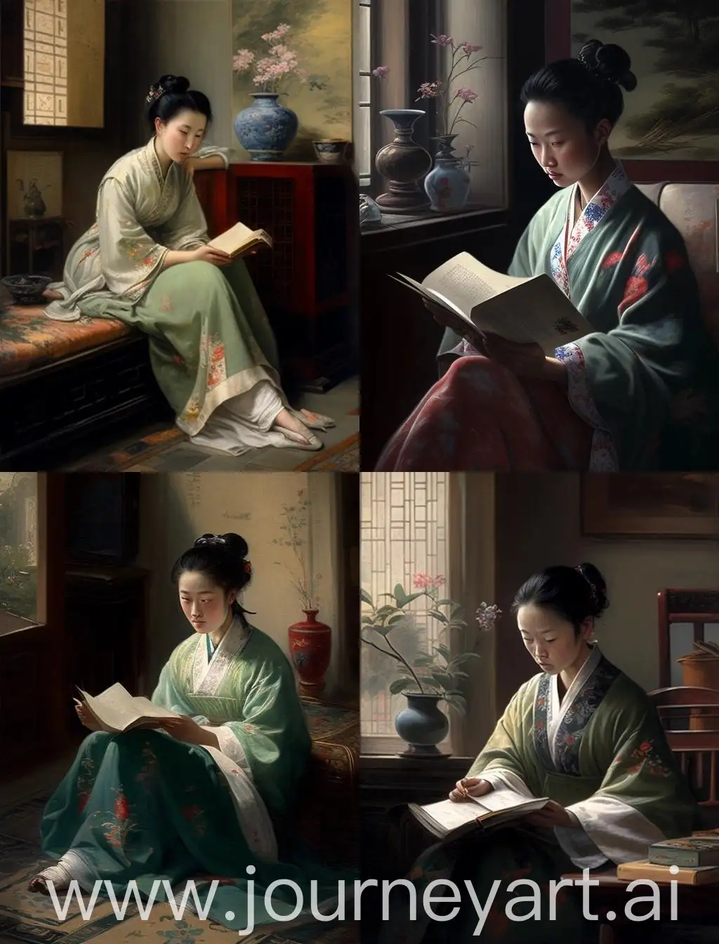 Young-Woman-Reading-in-a-Chinesestyle-Living-Room