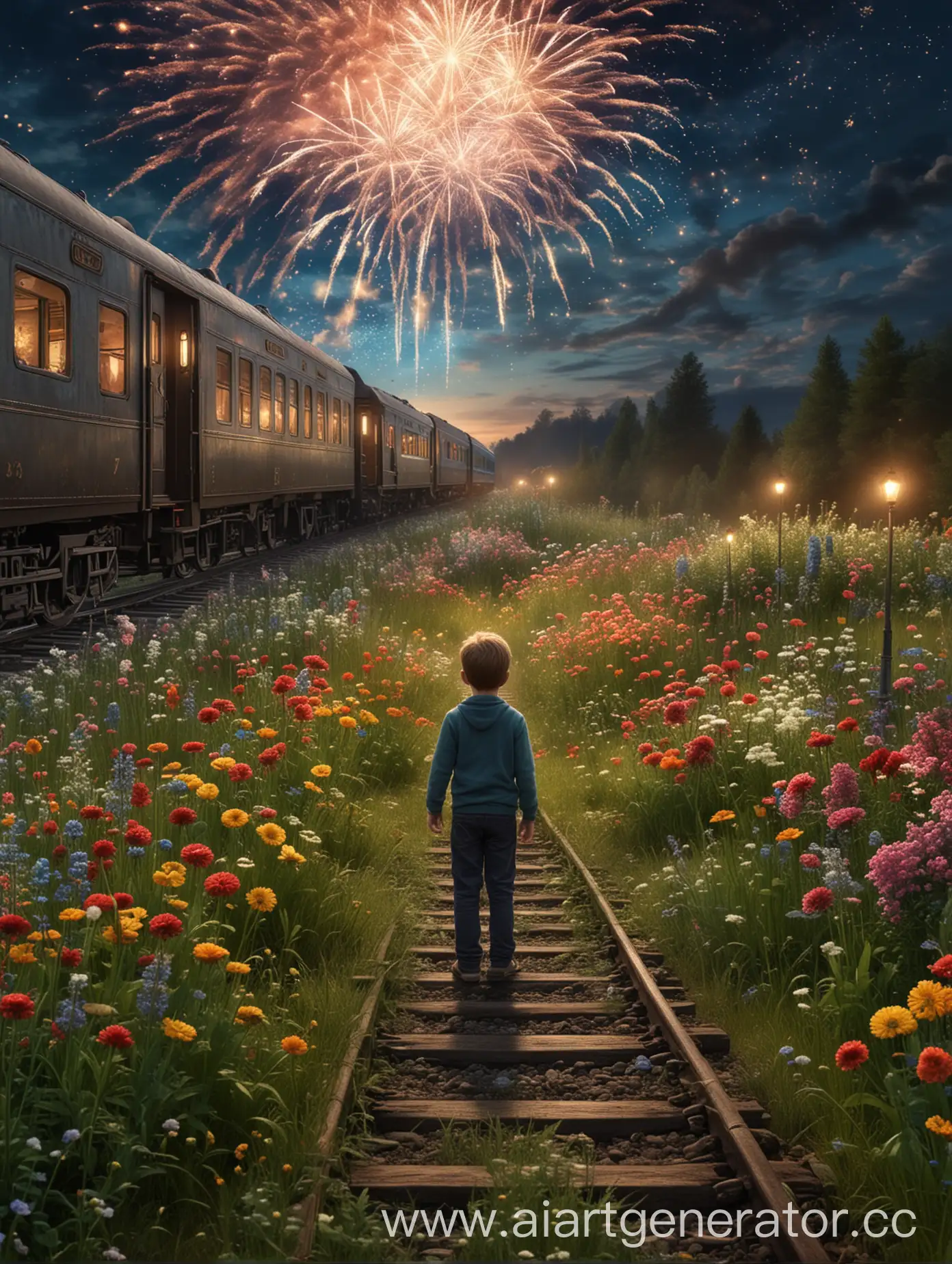 Boy-Standing-on-Glade-with-Fireworks-and-Train-in-the-Background