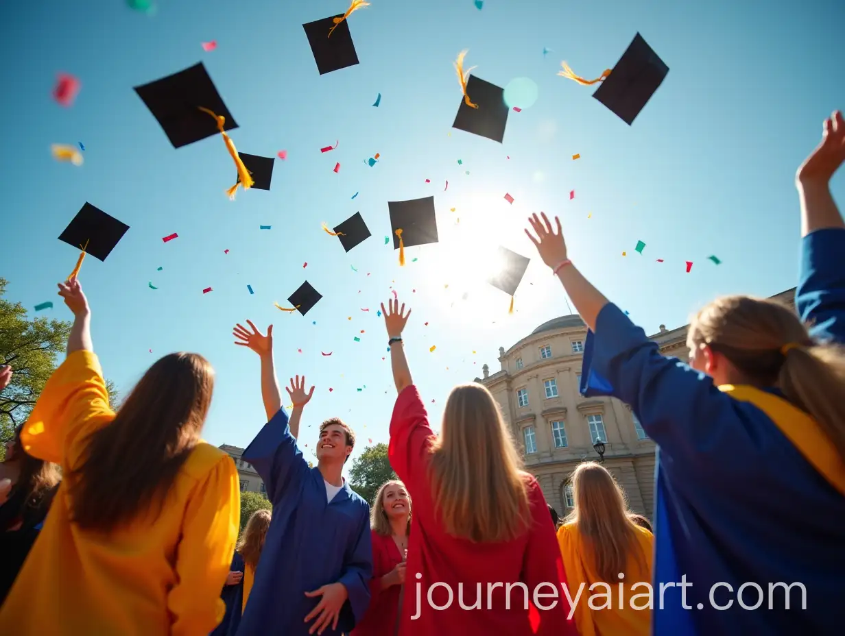 Graduation-Ceremony-Celebration-with-Students-Tossing-Caps-Against-a-Historic-University-Building