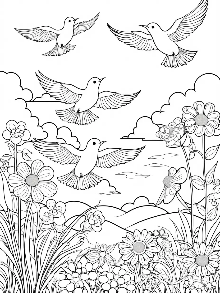 Birds-in-Flight-in-a-Garden-Setting-Simple-Line-Art-Coloring-Page
