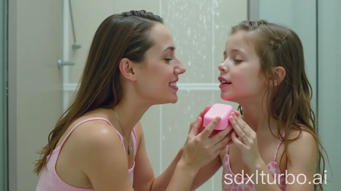 Mother-and-two-slender-Daughter-Playfully-Washing-Hair-Rainfall-room-with-Shampoo-Bottle-pink-soap-bar-between-girls-lips