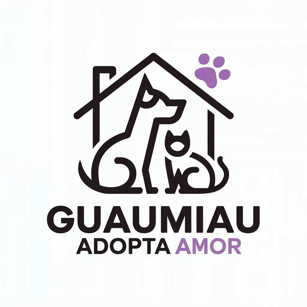 LOGO Design for GuauMiau Adopta Amor with House Dog Cat and Purple Paw Symbol