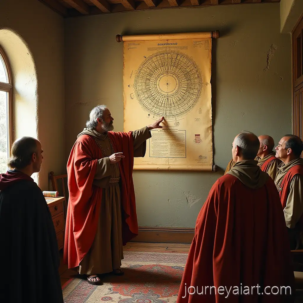 Copernicus-ExplainsAI-Image-Prompt-Expansion-Heliocentric-Theory-to-Sages-in-Medieval-Study