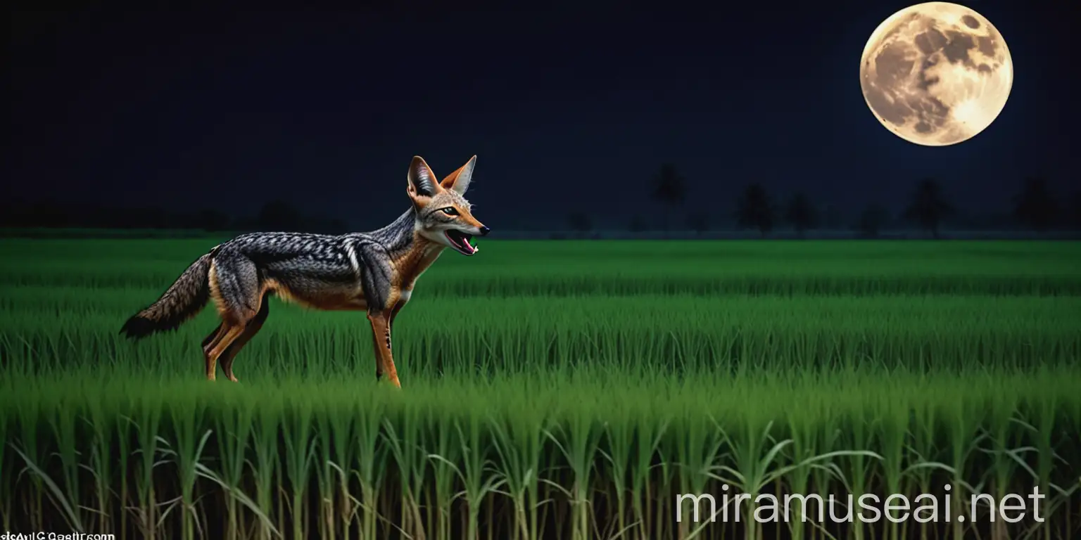 Indian Jackals Howling in Paddy Fields Under Full Moon