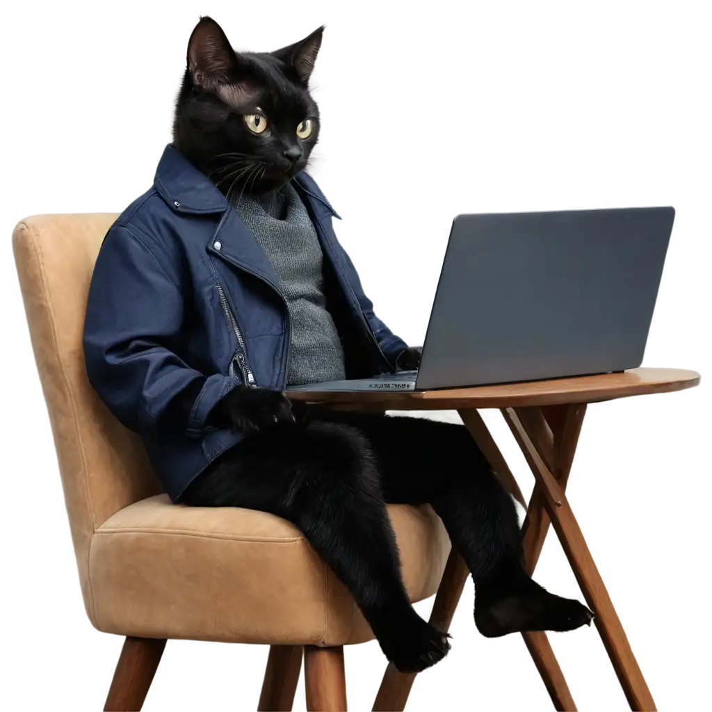 PNG-Image-of-a-Black-Cat-in-a-Jacket-Sitting-at-a-Table-with-Coffee-and-a-Laptop-HighQuality-Digital-Illustration