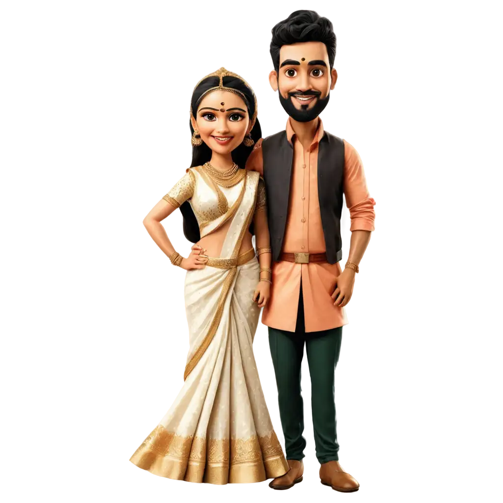 South-Indian-Wedding-Couple-Caricature-in-PNG-Format-Bride-in-Saree-and-Groom-in-Vest