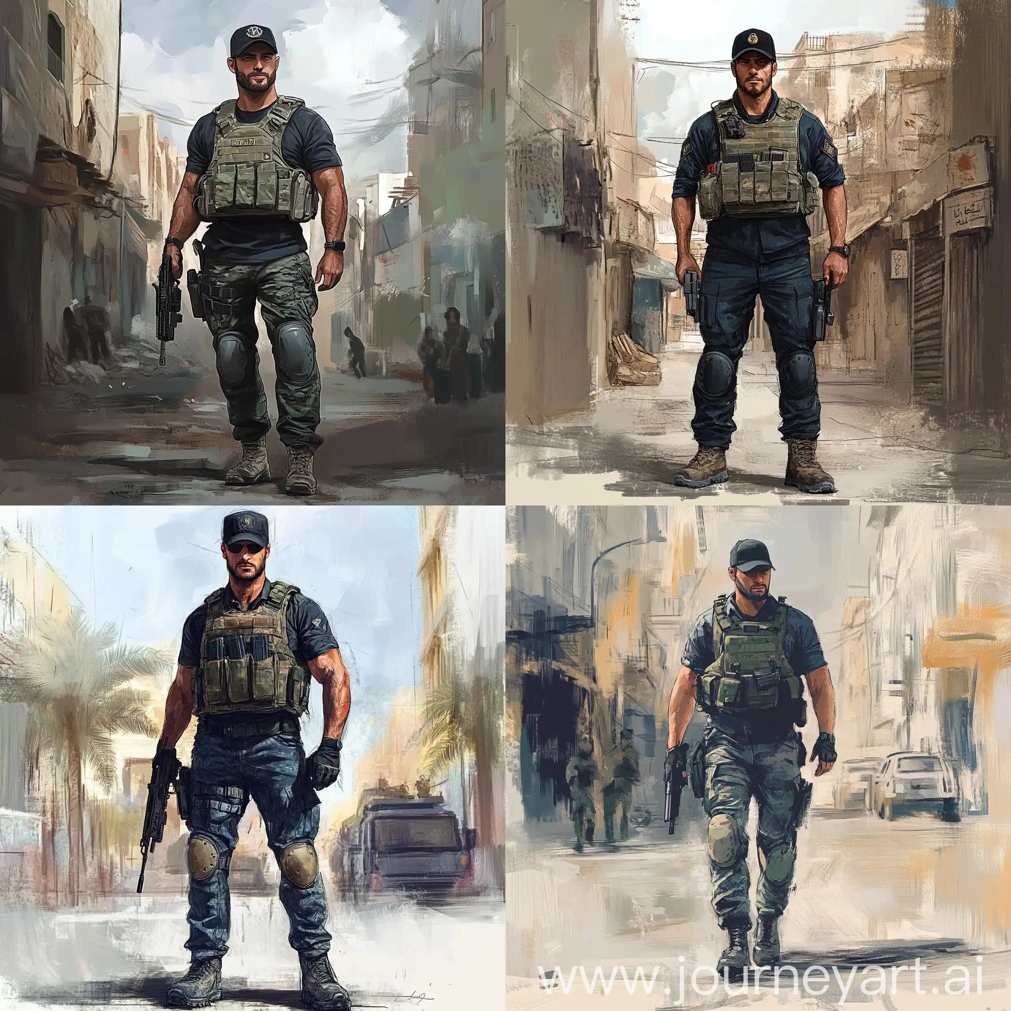 Military-Soldier-in-Urban-Middle-Eastern-City-with-Gun