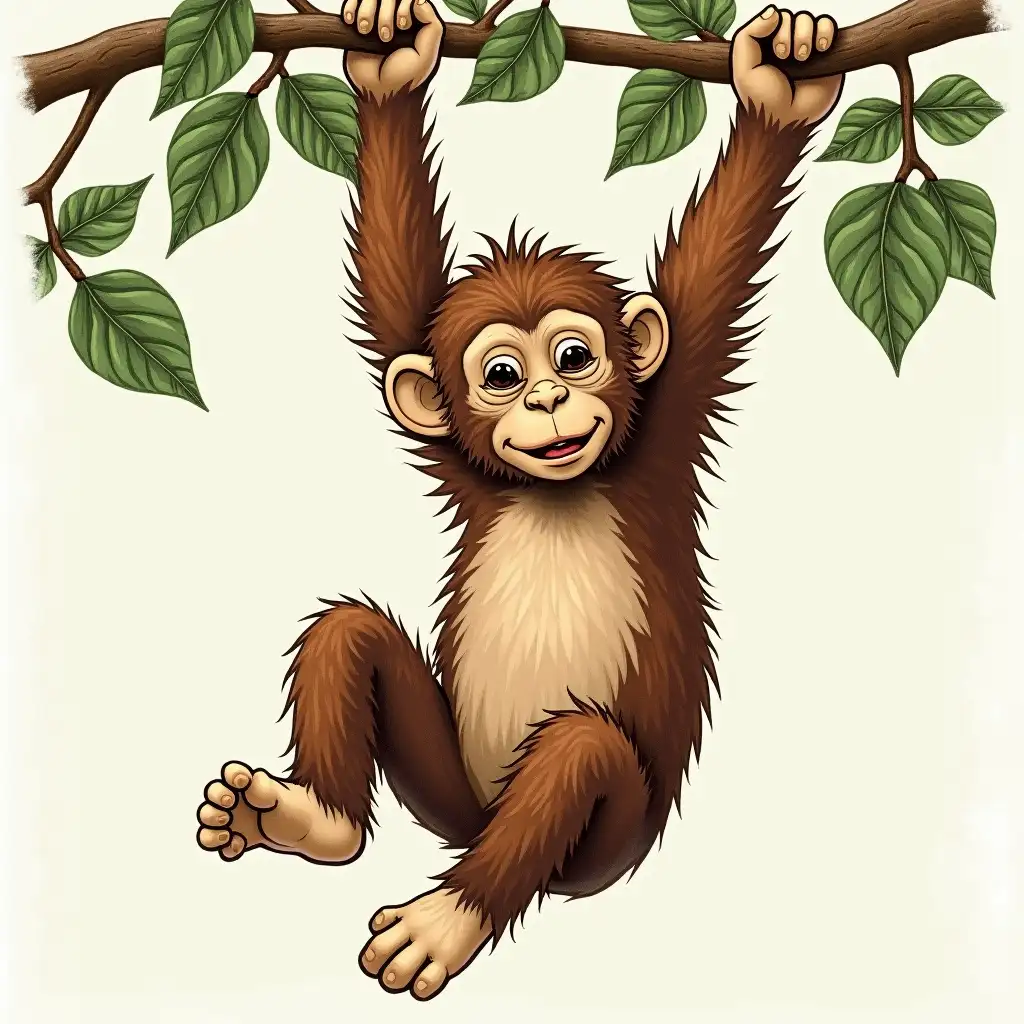 Realistic-Illustration-of-a-Monkey-Hanging-from-a-Vine-with-Both-Hands