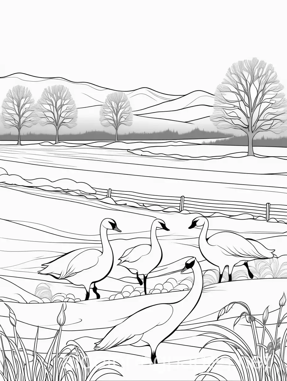 Trumpeter-Swans-in-a-Winter-Field-Coloring-Page-for-Kids