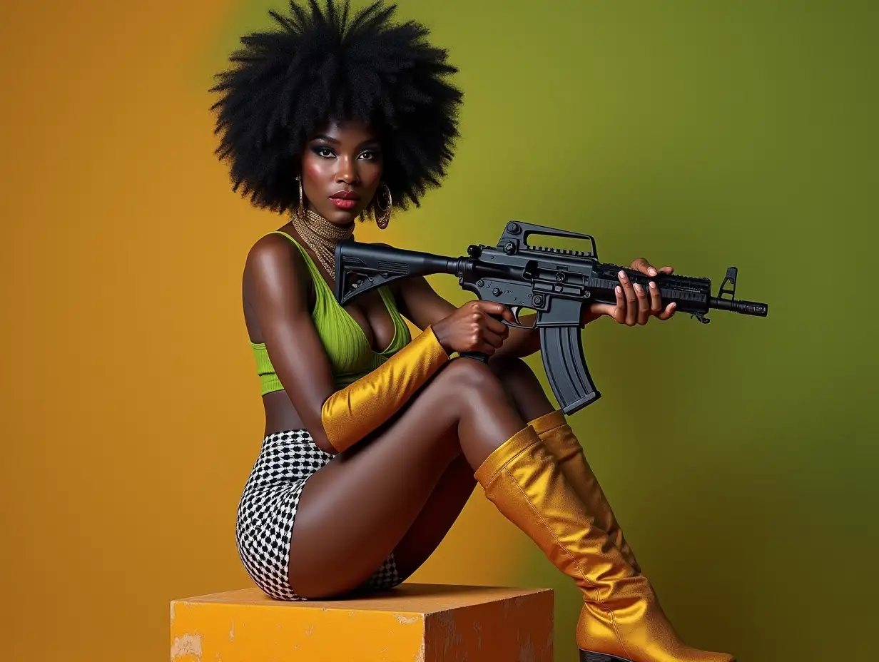 Ultra detailed hyperrealistic photorealistic portrait of a woman with a vibrant afrolook that's mixed with green-orange, gold knee-high boots, tight black and white checked short pants and holding a machine gun on a podium. Texture, surfaces and lighting give depth, dimension and a vivid photorealistic appearance.