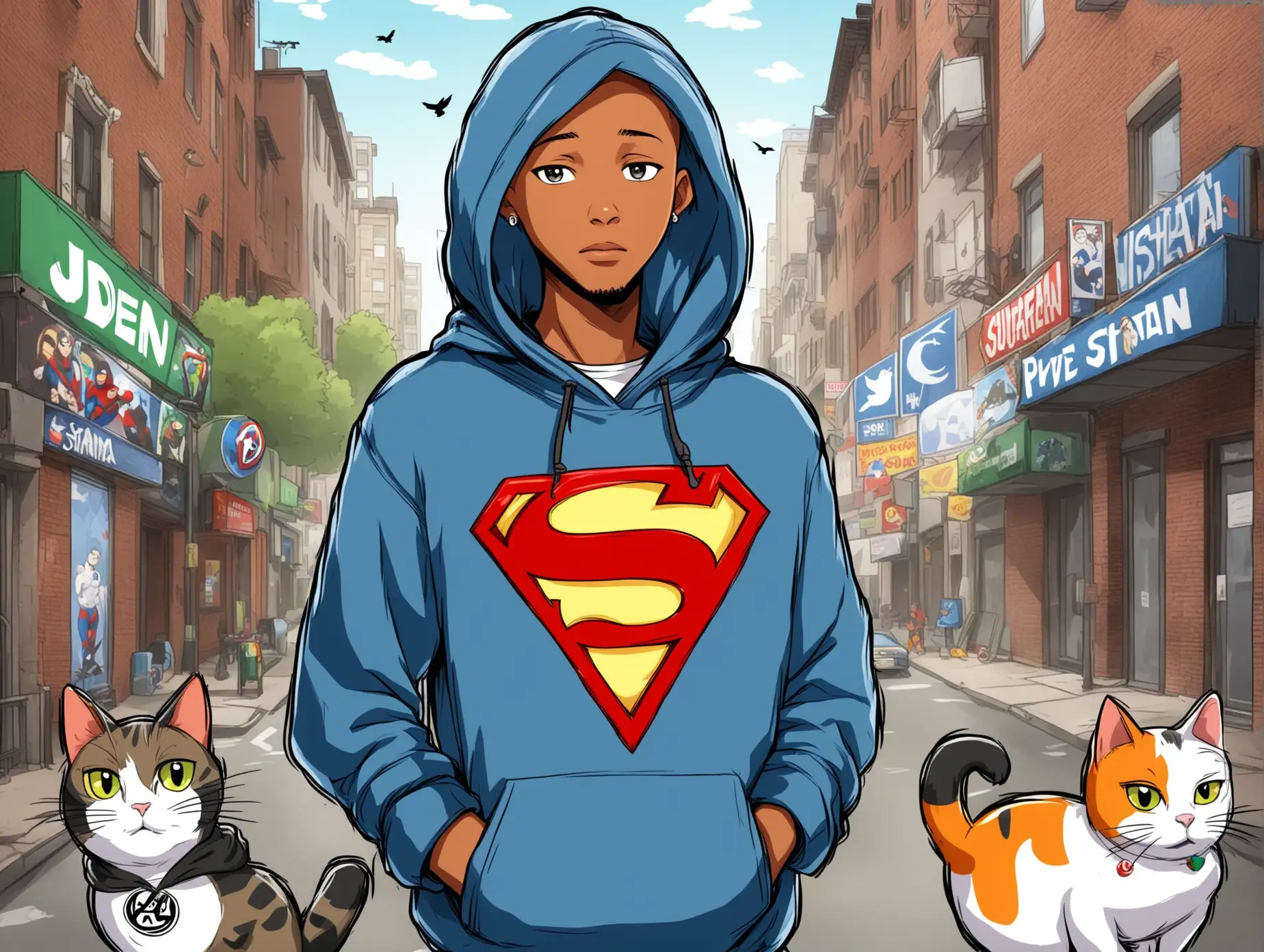 Cartoon Character Jaden in Superhero Hoodie Communicating with City Animals