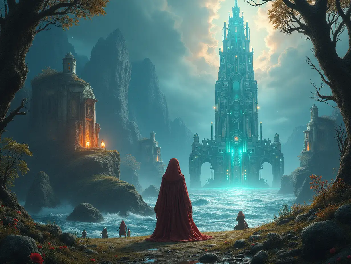 Ultradetailed hyperrealistic portrait of a Multiverse time traveler with various strange beings with futuristic glass towers in front of a meticulously detailed, colorful, forest sea great waves