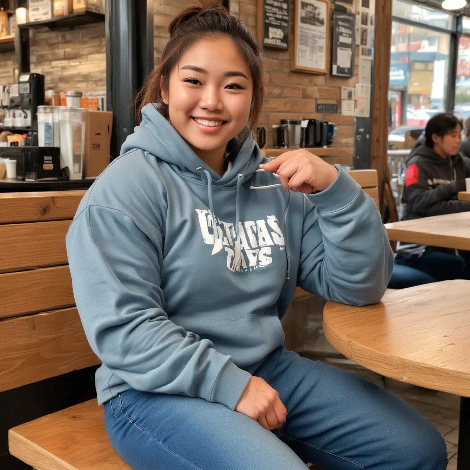 Smiling Asian Female Powerlifter in Coffee Shop