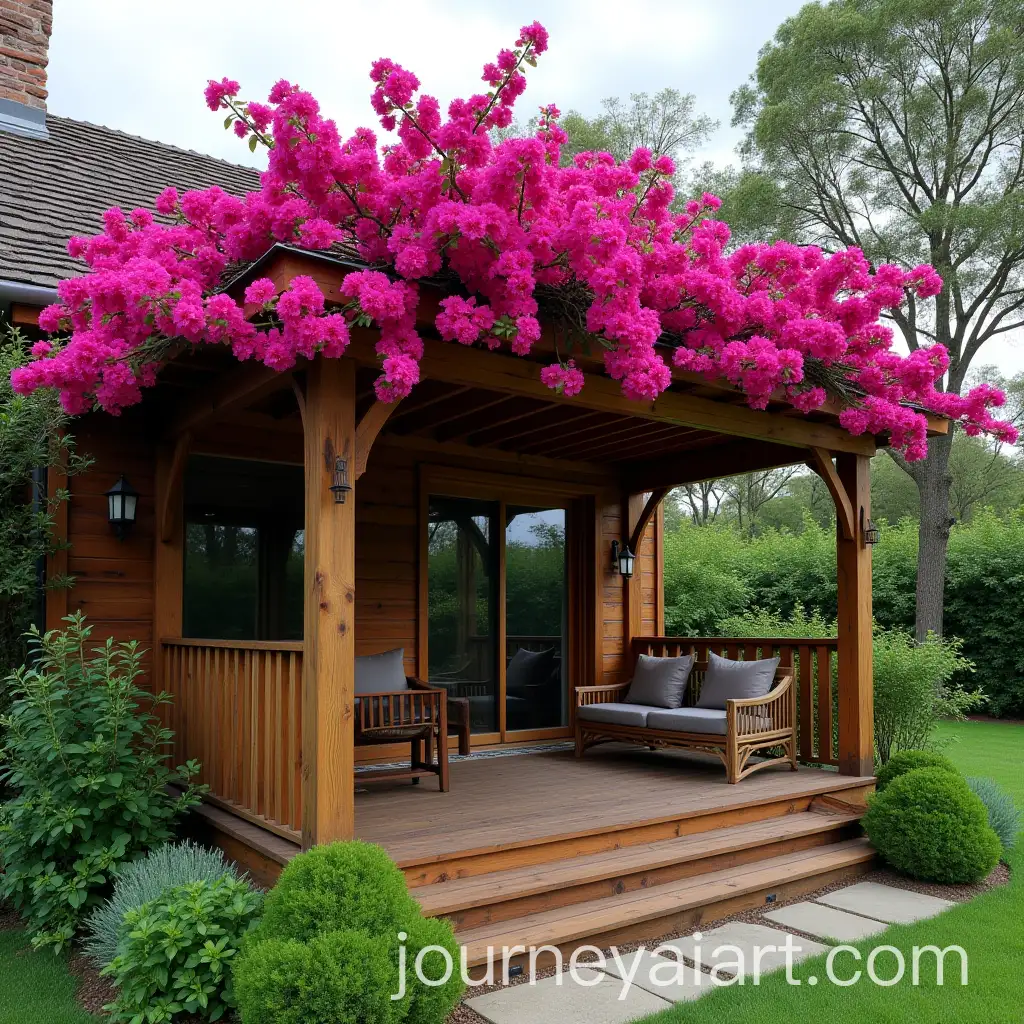 Magenta-Bougainvillea-Covered-Wooden-Terrace-in-a-Garden