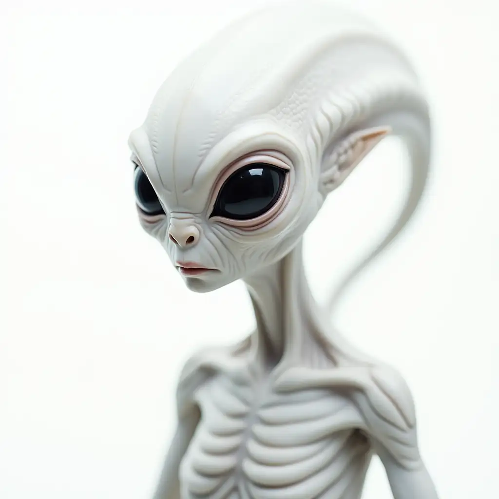 Alien with long white striped skin with suction cup portrait 75mm white background hdr