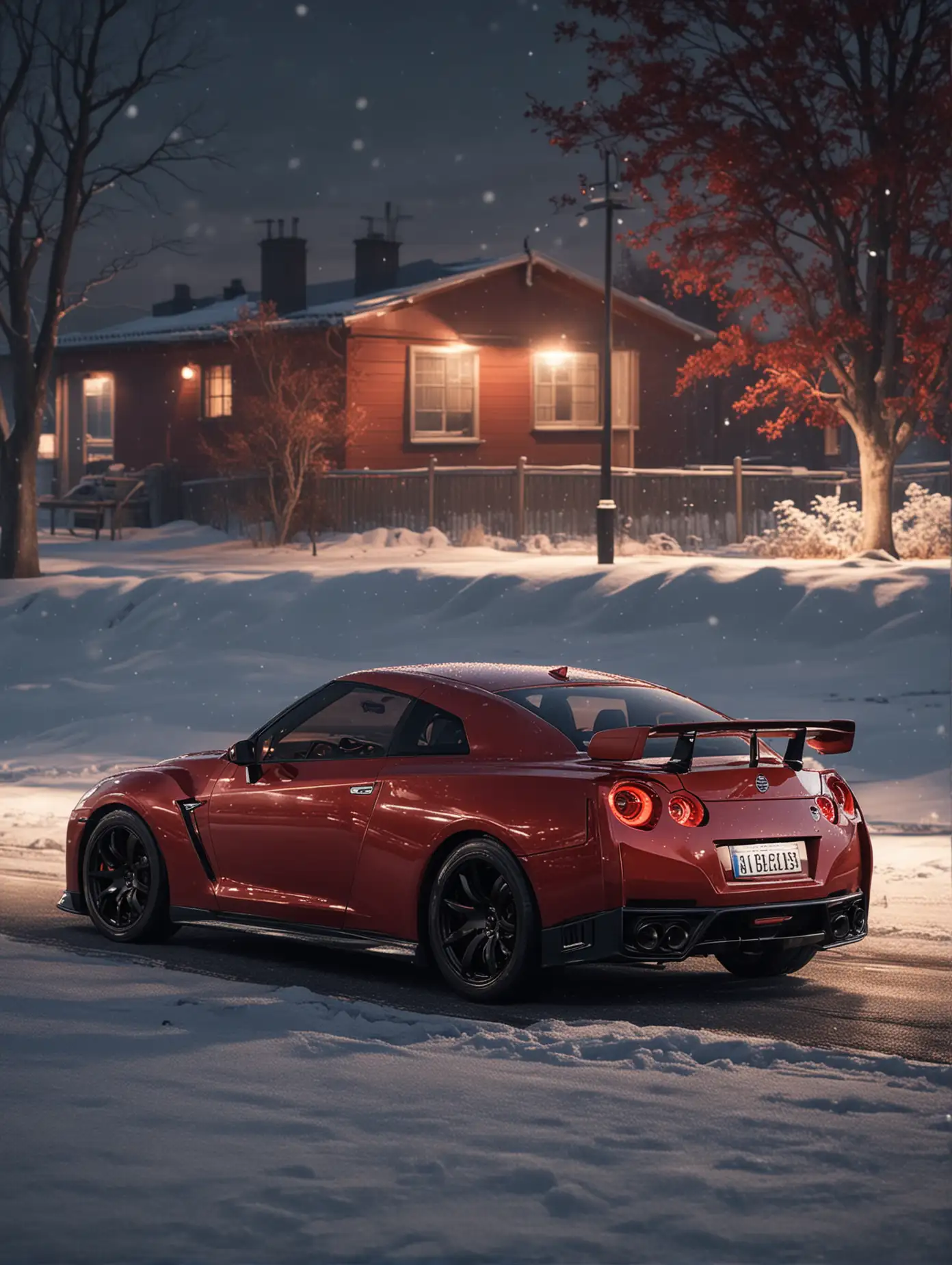 Red-Nissan-GTR-R35-Parked-in-Winter-Evening-Scene