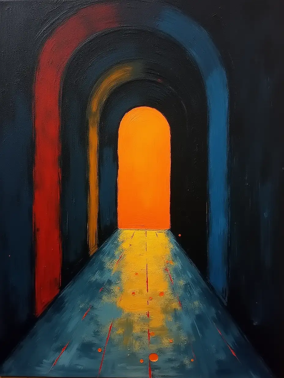user_prompt: A picture in a grid, line, primitively schematic minimalism, underground tunnel darkness in the style of Kandinsky, Malevich, minimalism, simplified for beginner artist with acrylic many colors, constructivism abstractionism, gloomy