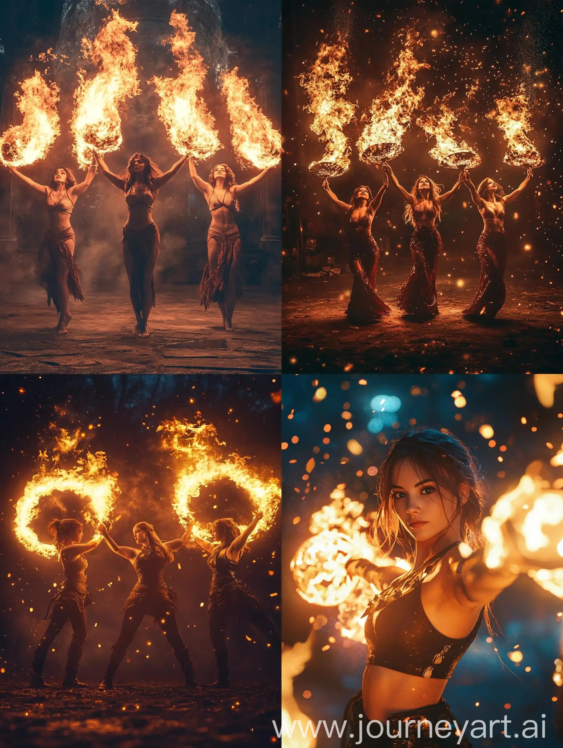 Three-Young-Women-Performing-Fireshow-with-Fans-at-Night