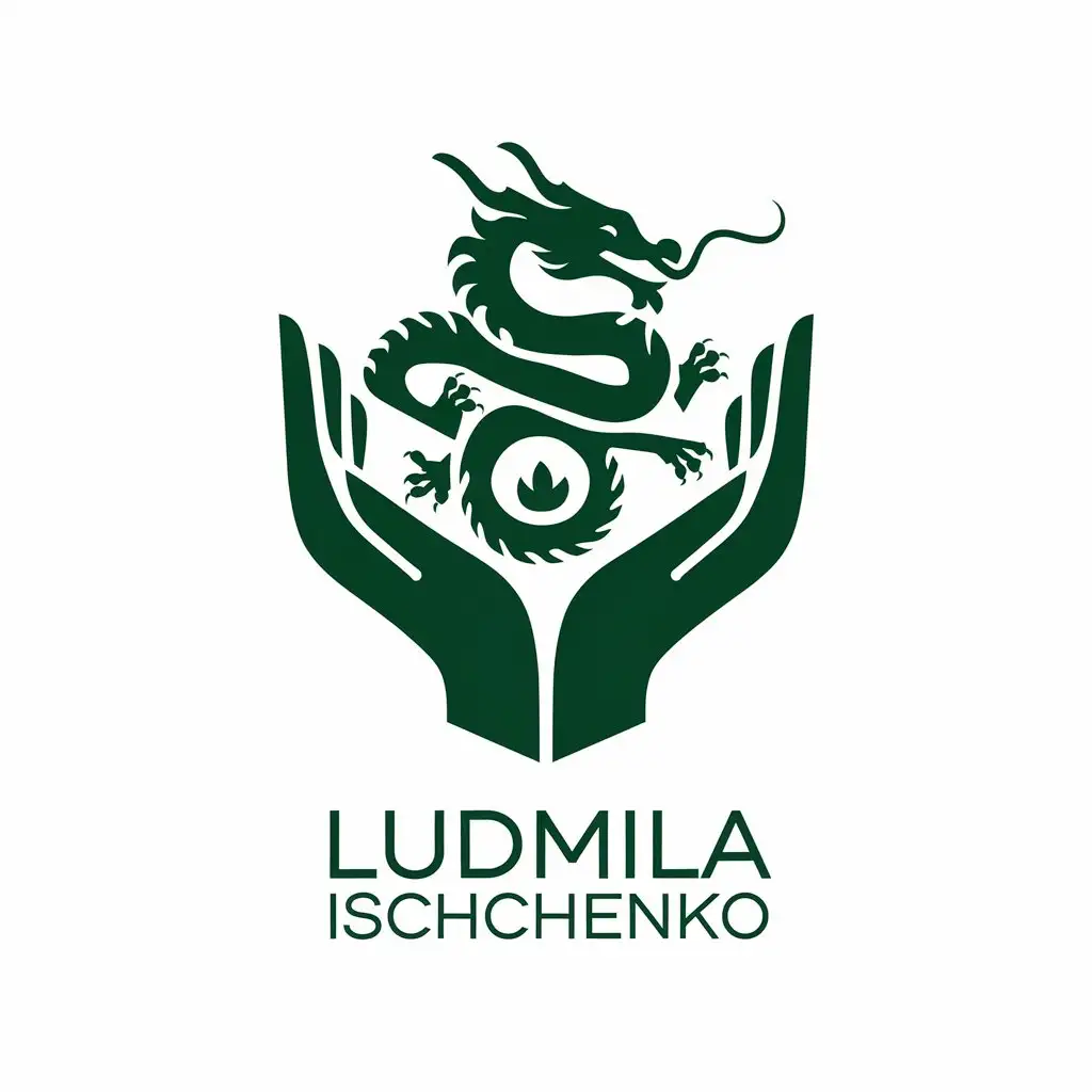 a vector logo design,with the text "Ludmila Ischchenko", main symbol:Emerald dragon in hands,Moderate,clear background