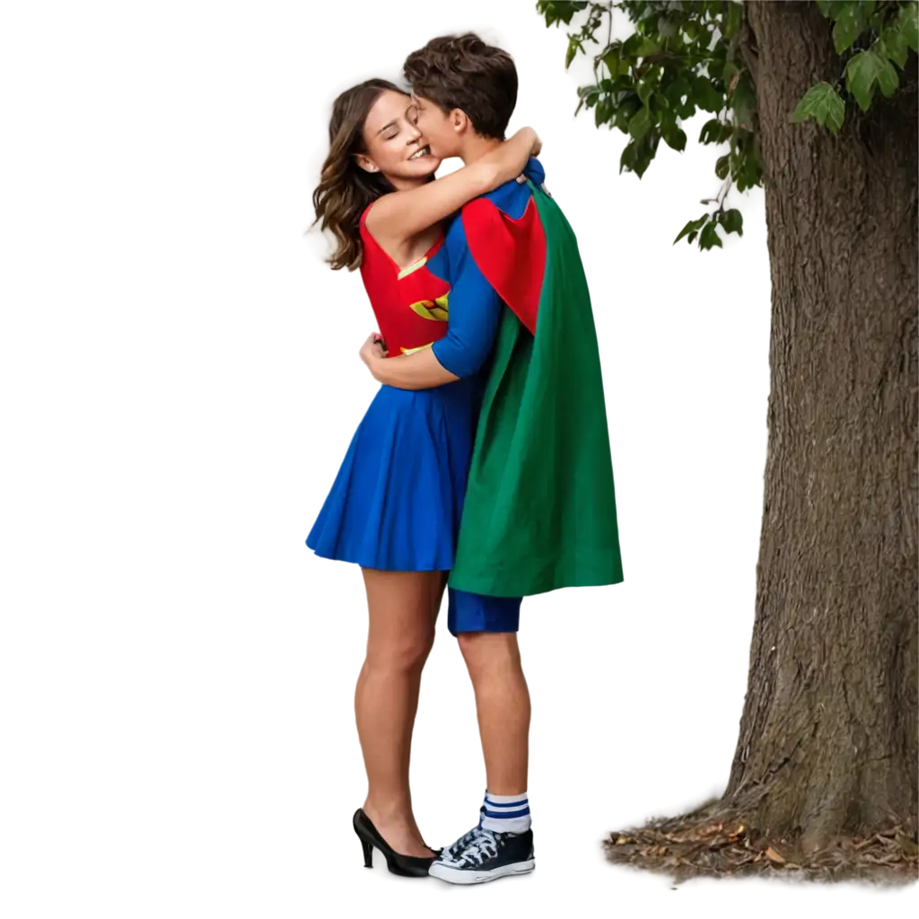 Super-Girl-and-Super-Boy-Hugging-Near-a-Big-Green-Tree-PNG-Image