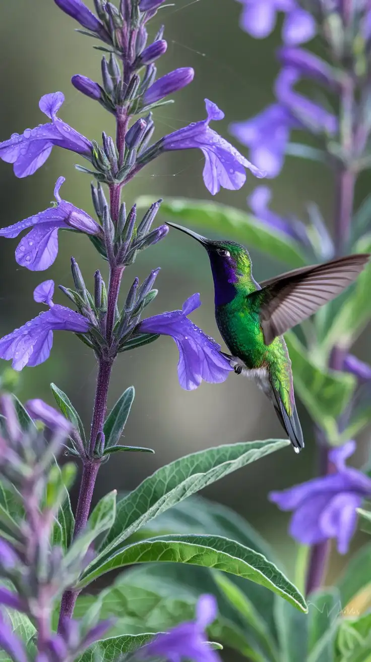 Annas-Hummingbird-Feeding-on-Purple-Salvia-Flowers-in-Soft-Morning-Light