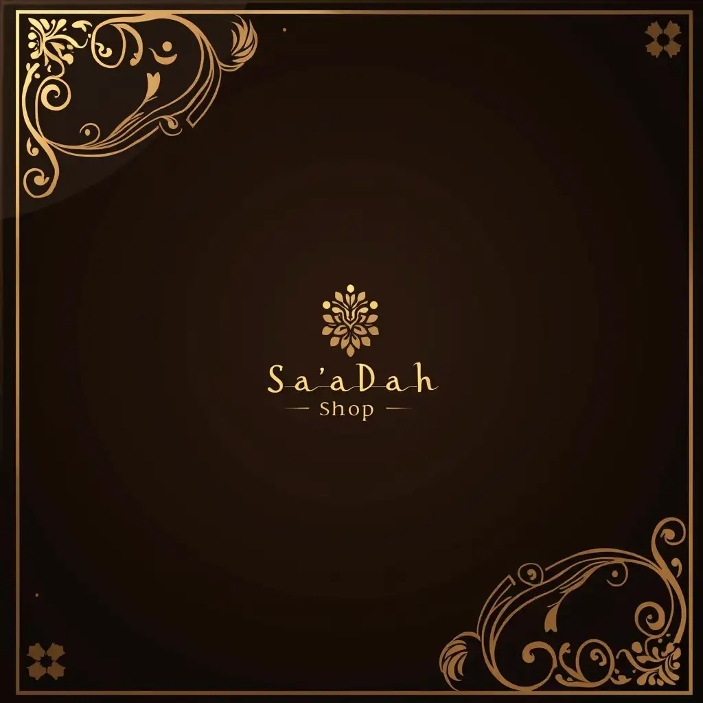 Design a sophisticated visual with a coffee-colored backdrop, featuring ornate gold details and a touch of black, blending seamlessly into Sa'adah Shop's elegant logo in the center.