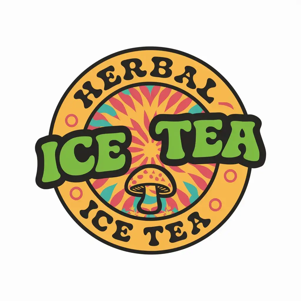 LOGO Design For Herbal Ice Tea Playful Hippie Theme with Psychedelic Patterns and Mushroom