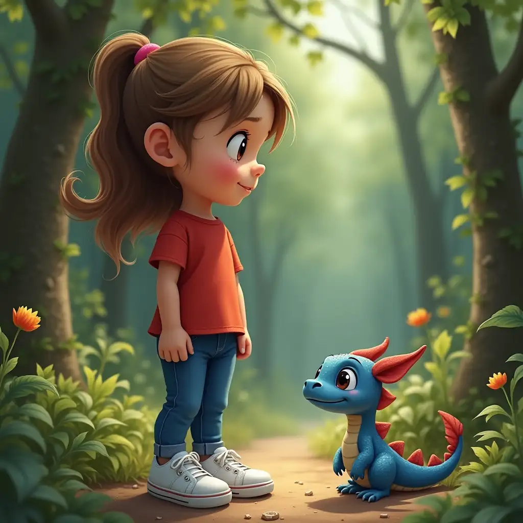 An 8 year old girl that wears blue jeans, red shirt, white sneakers, brown hair. See a tiny blue baby dragon in woods.