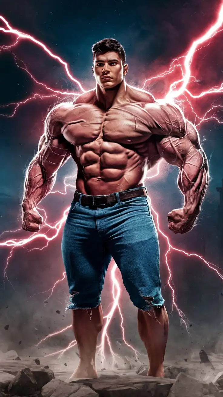 Average Native American college guy calls upon awesome superpowers, transforms into a hugely ripped, pumped musclegod bodybuilder superhero. Luminous red lightning and electricity. Photorealistic.