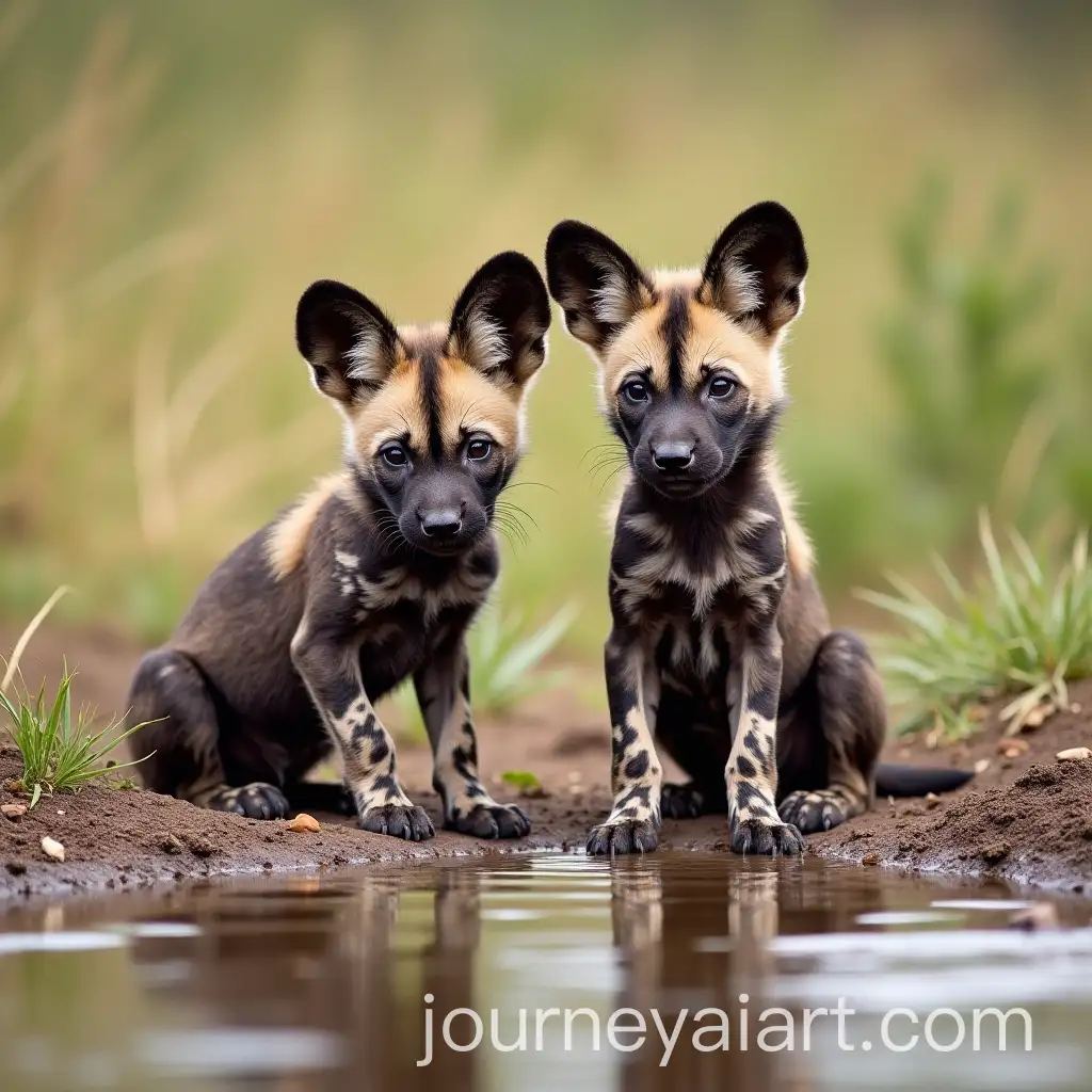 Two-African-Wild-Dog-Pups-Playfully-Interacting-at-a-Savanna-Waterhole