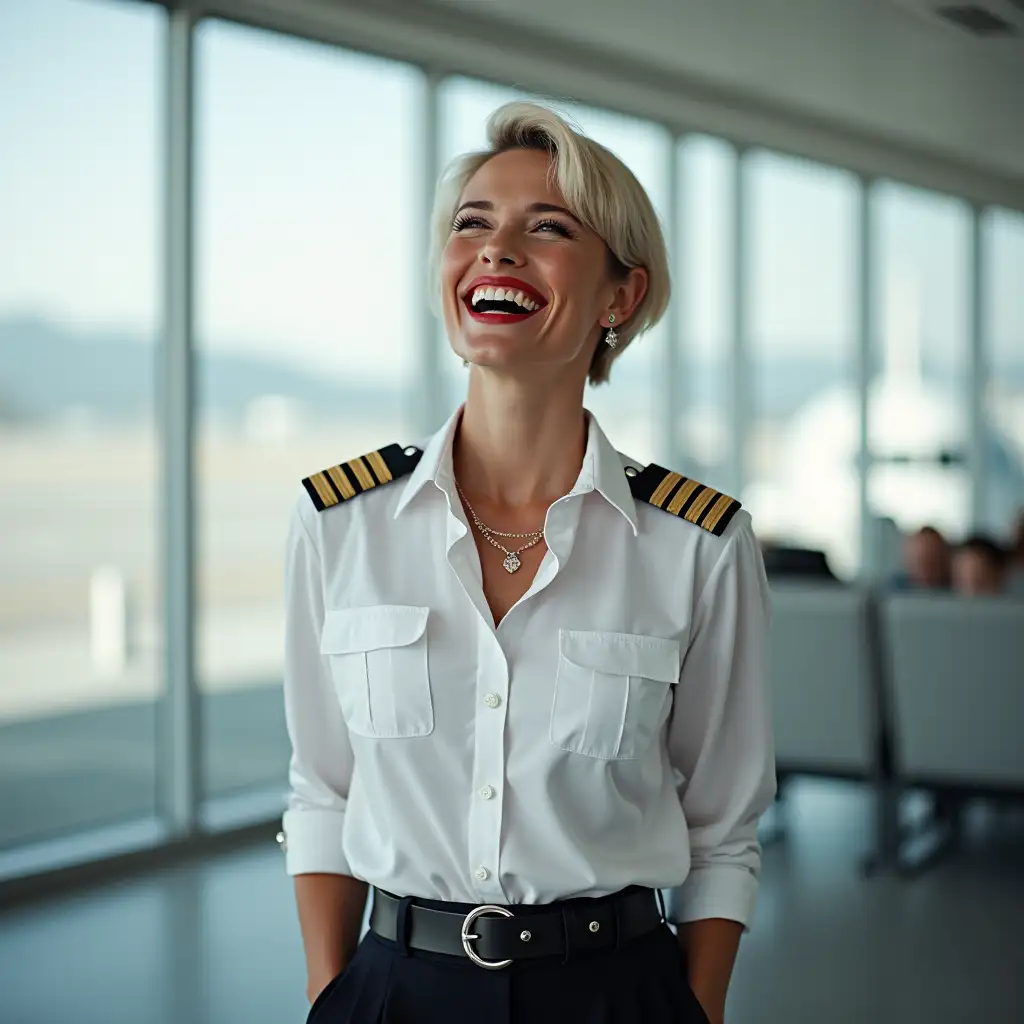 white norvegian pilot lady, in white deep-necked pilot shirt, laughing with her mouth open, red lipstick accentuating her smile,belt on waist, big wide hips, chest are fully grown, jewerly, short hair, HD, enjoing at airport , photo-realism