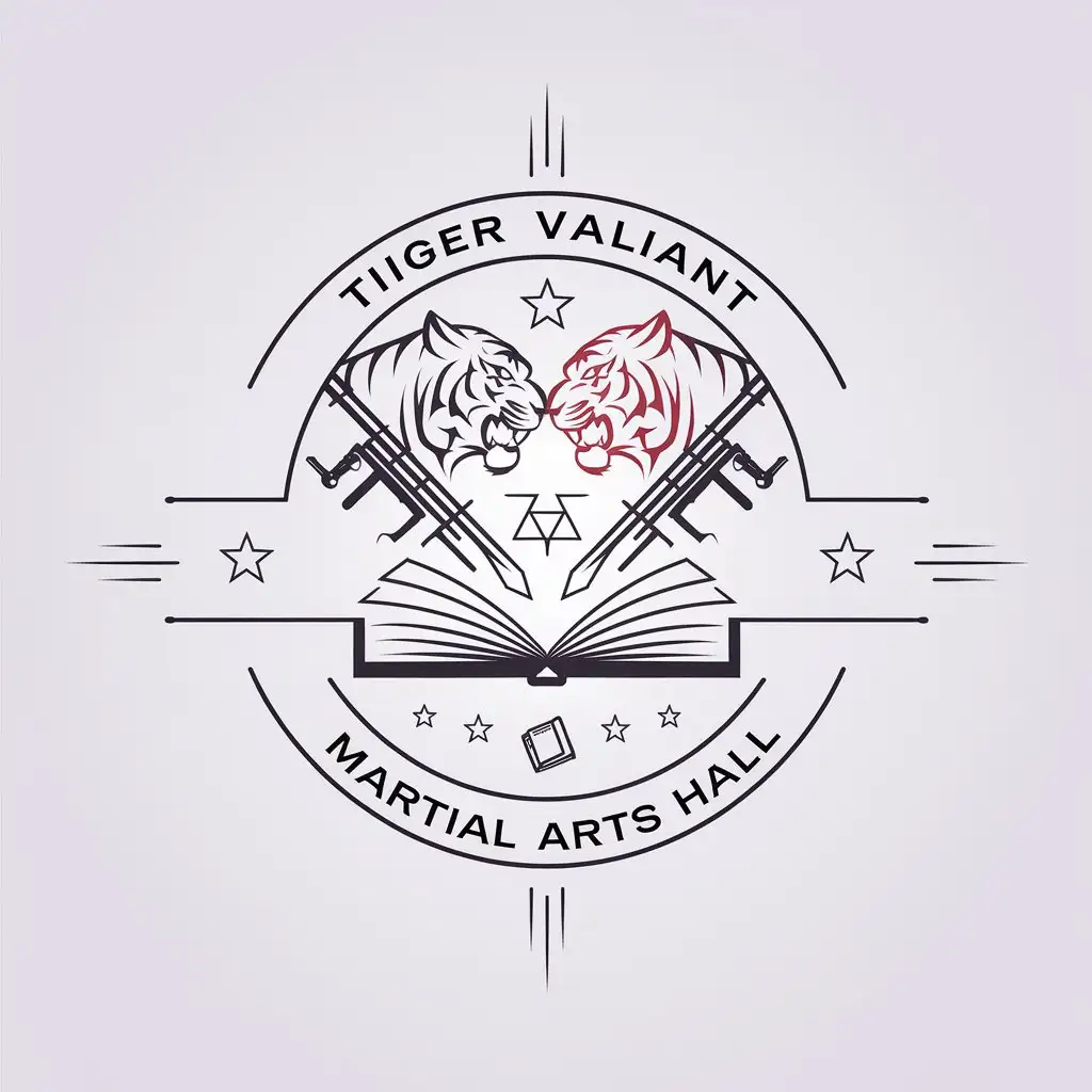 a vector logo design,with the text "Tiger Valiant teaching martial arts hall", main symbol:Placing a head-to-head tiger contest with military weapons, incorporating open book elements, line art, simple hard lines, white background,Minimalistic,be used in Education industry,clear background