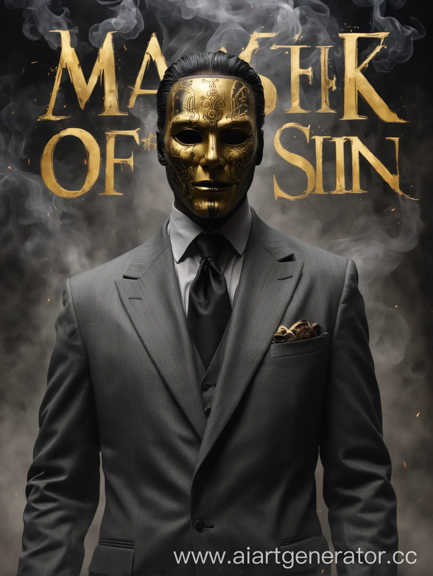 Man-in-Gray-Suit-with-Golden-Mask-in-Smoky-Darkness