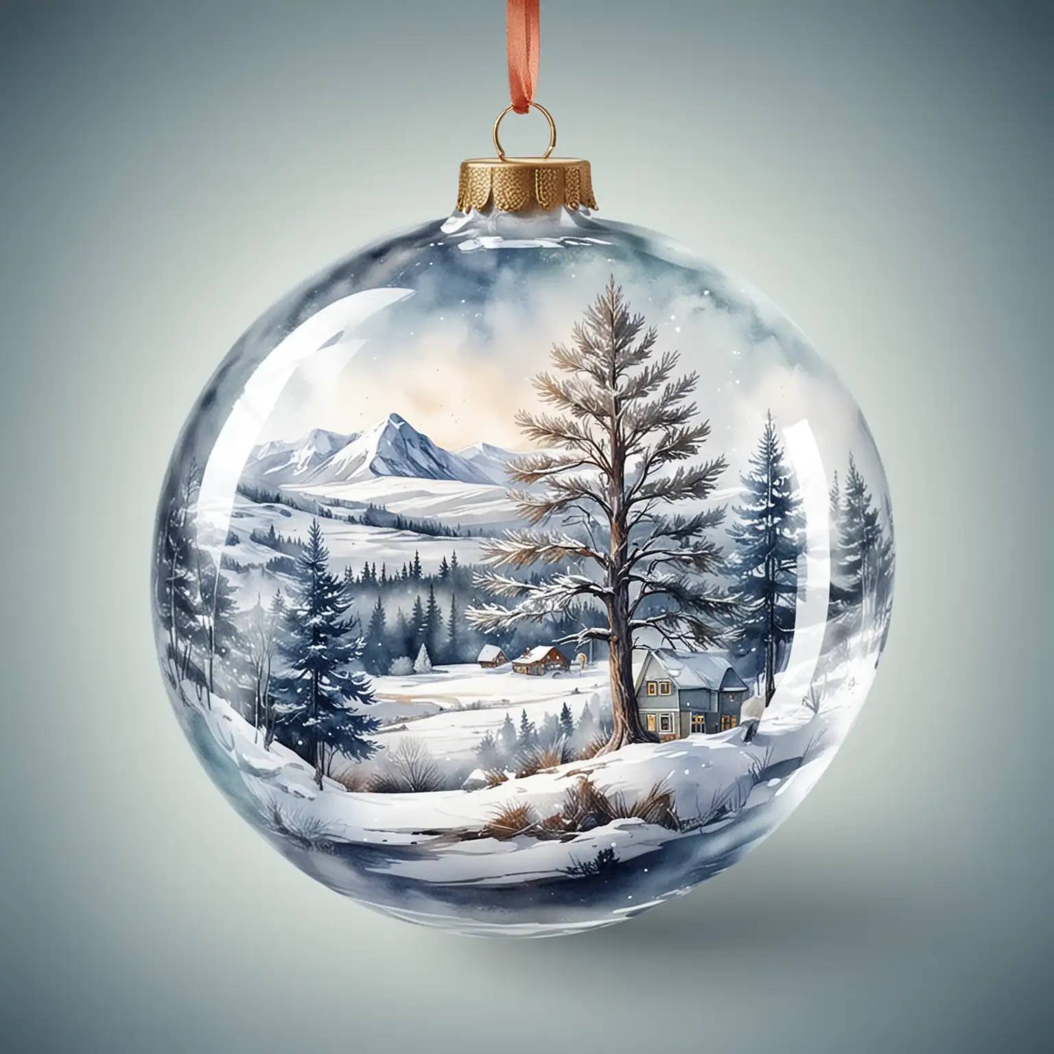 Transparent Christmas Tree Ball with Winter Landscape in Watercolor