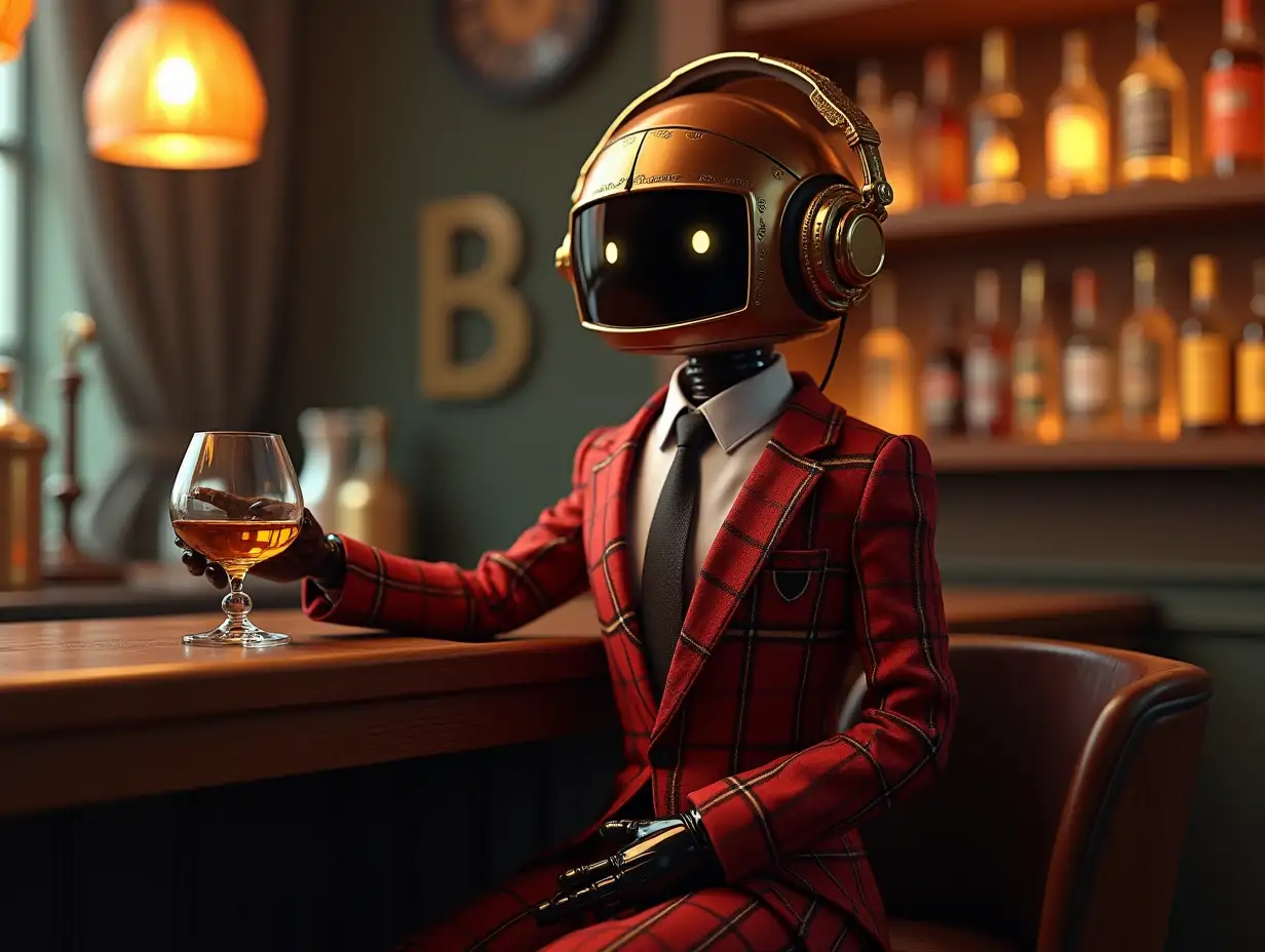 Create a high-resolution, realistic image of a robot with square eyes, golden headphones of a fashionable, red and black checked suit and patent leather shoes at a bar with a glass with oil in the hand - 4K resolution.